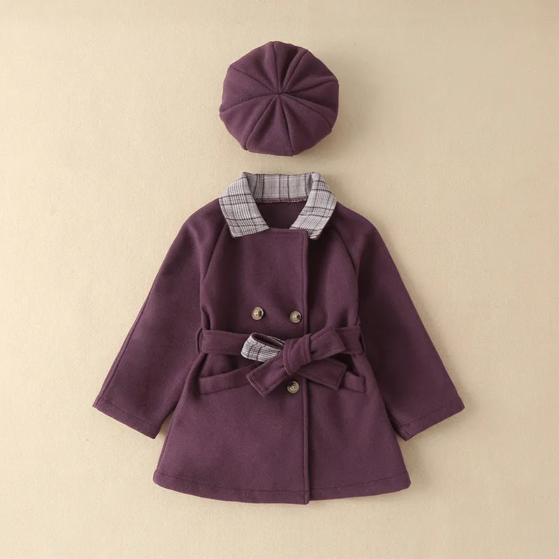 Toddler Kids Girls Solid Color Lapel Plaid Patchwork Coat Coat with Hat