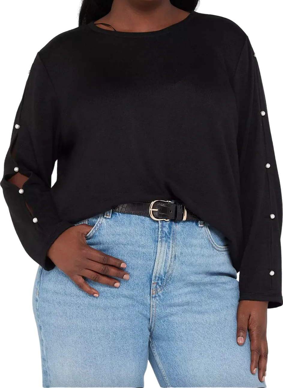 v by very Curve Crew Neck Pearl Embellished Sleeve Detail Top - Black UK 28