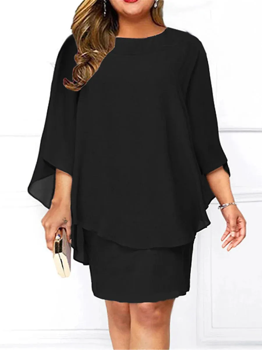 Versatile Black Midi Dress with 3/4 Length Sleeves for Plus Size Women