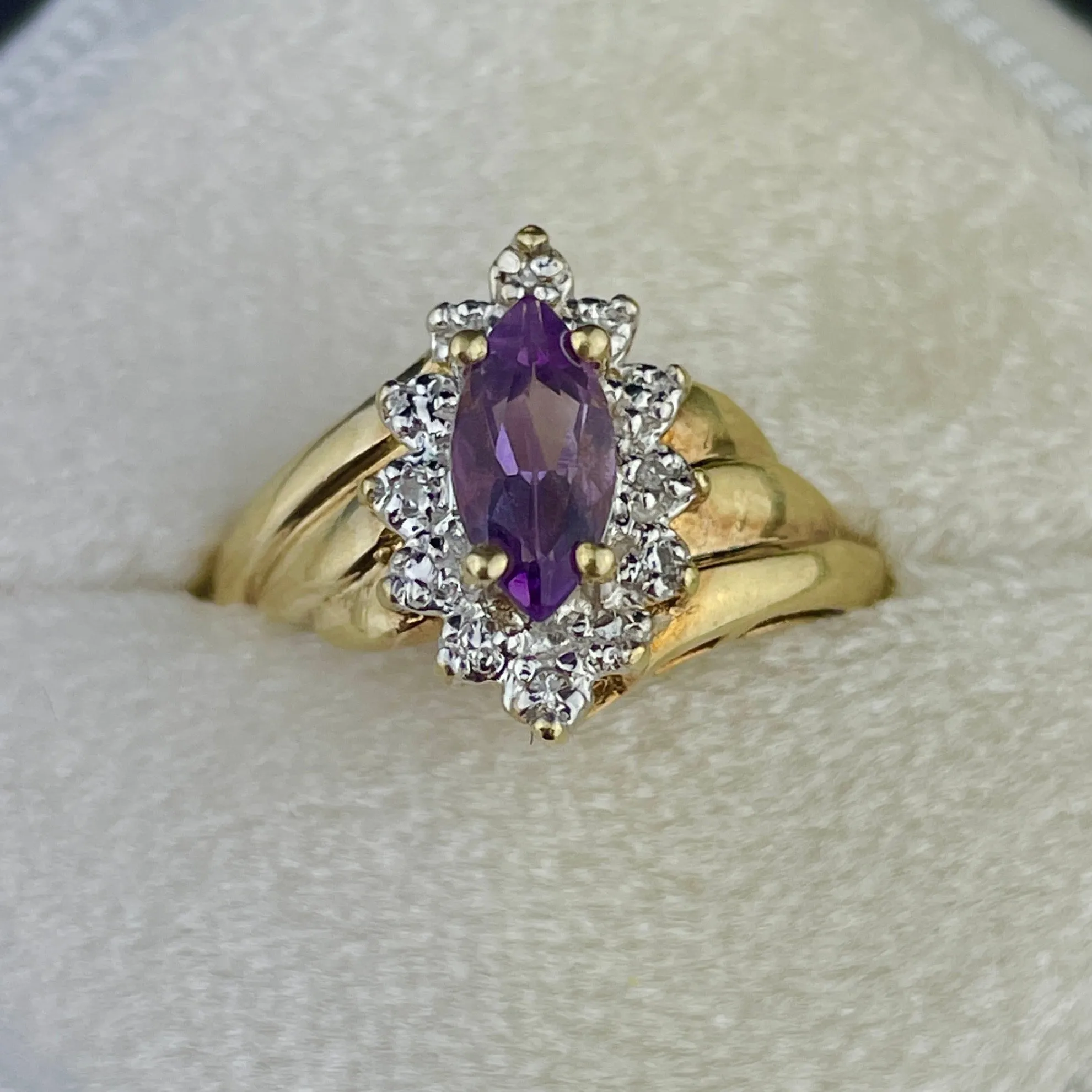 Vintage 10K Gold Amethyst Diamond Halo Ring, Sz 4 3/4