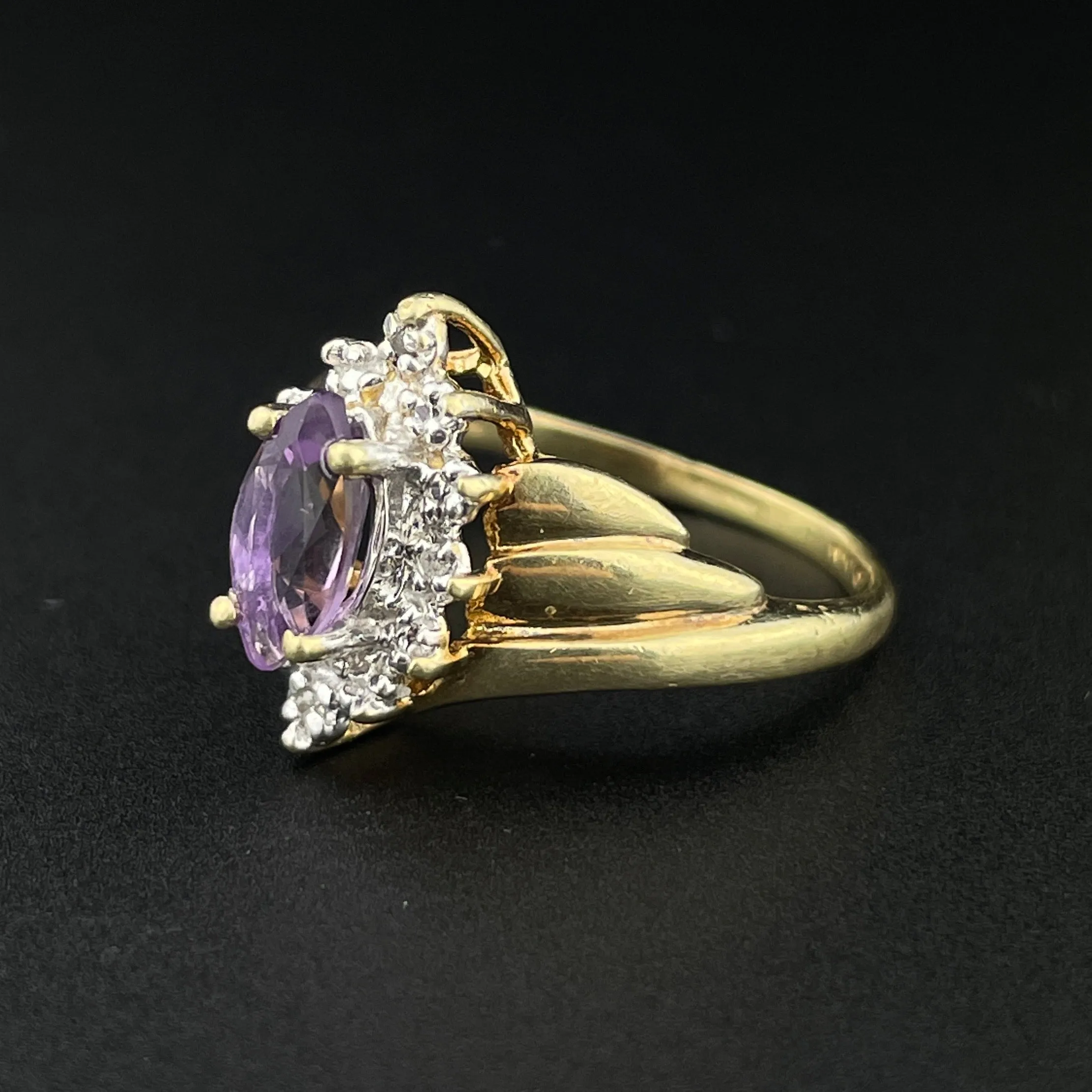 Vintage 10K Gold Amethyst Diamond Halo Ring, Sz 4 3/4