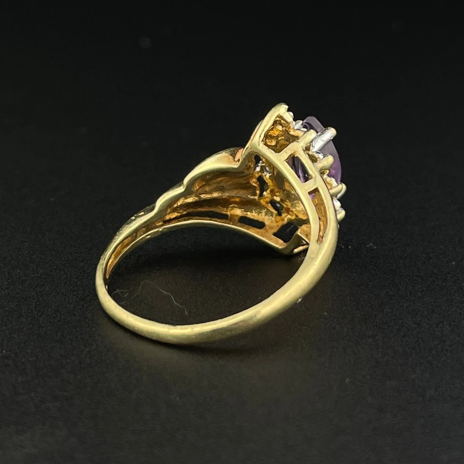 Vintage 10K Gold Amethyst Diamond Halo Ring, Sz 4 3/4