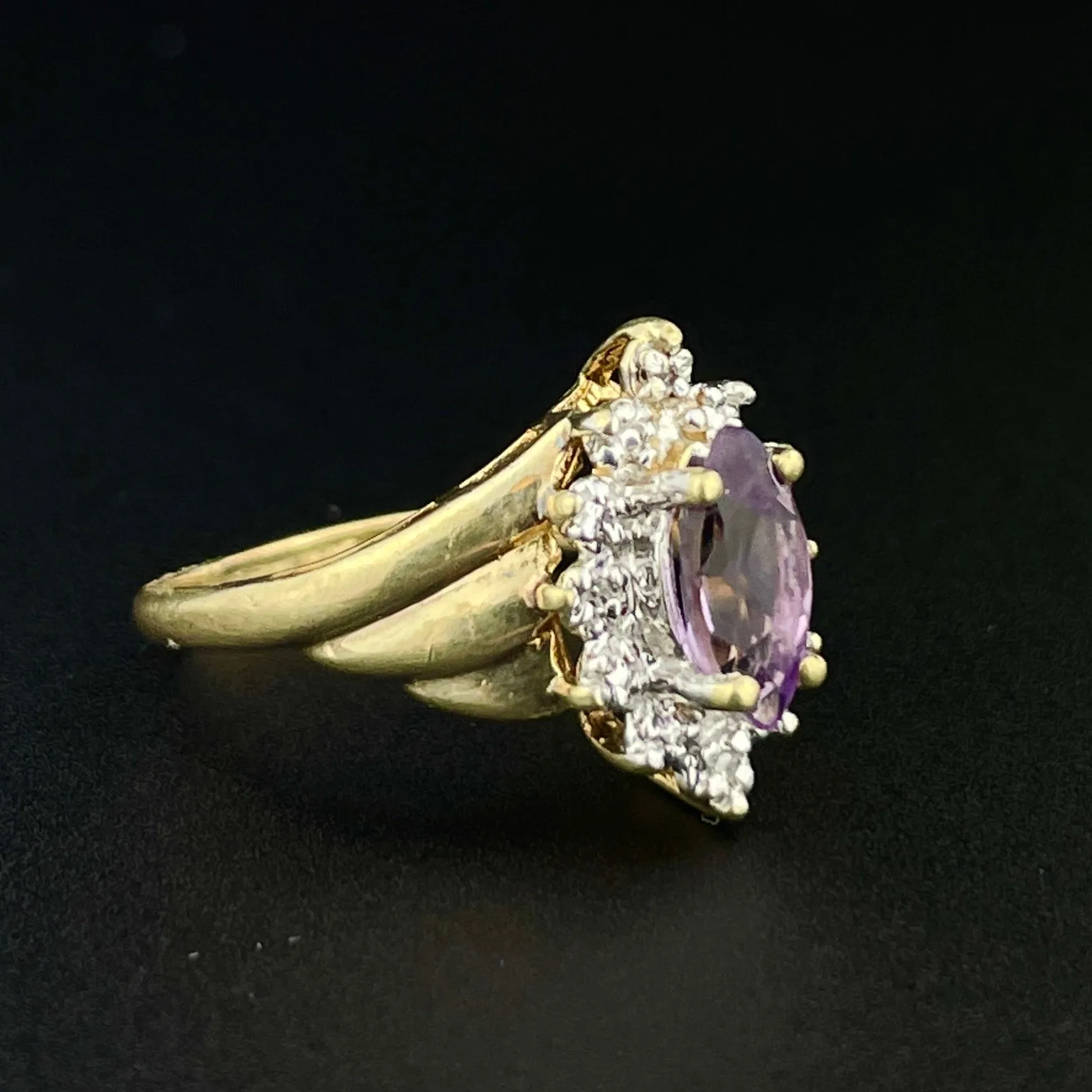 Vintage 10K Gold Amethyst Diamond Halo Ring, Sz 4 3/4