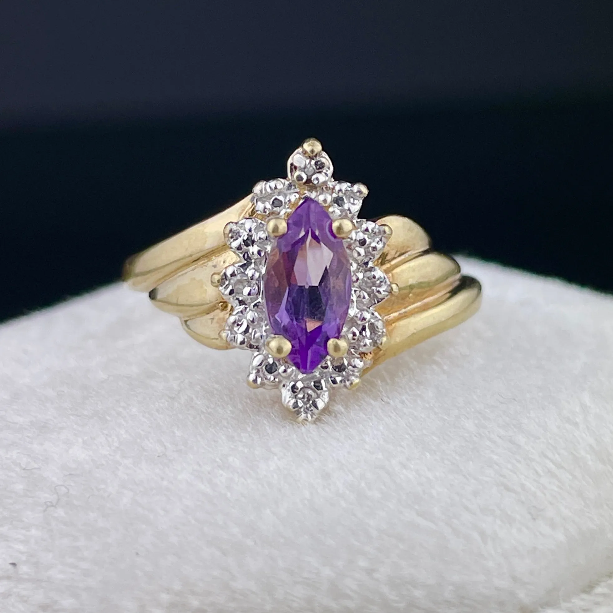 Vintage 10K Gold Amethyst Diamond Halo Ring, Sz 4 3/4