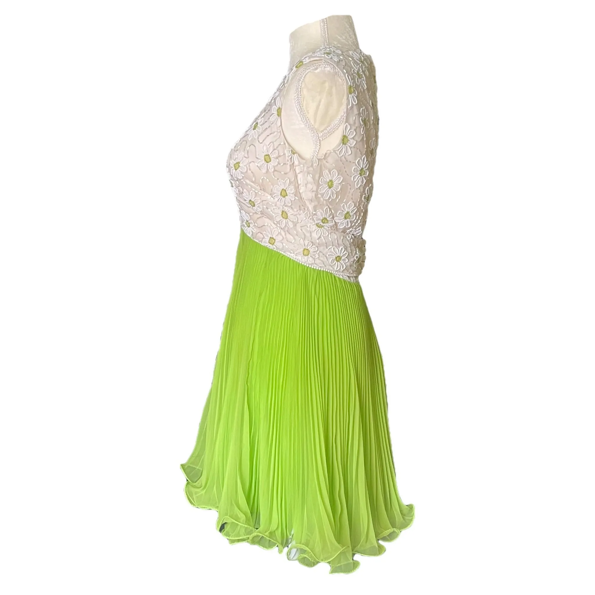 Vintage Elegant Green Chiffon Dress by Miss Elliette. Daisy Flower Beaded Bodice. Micro Pleated Skirt.