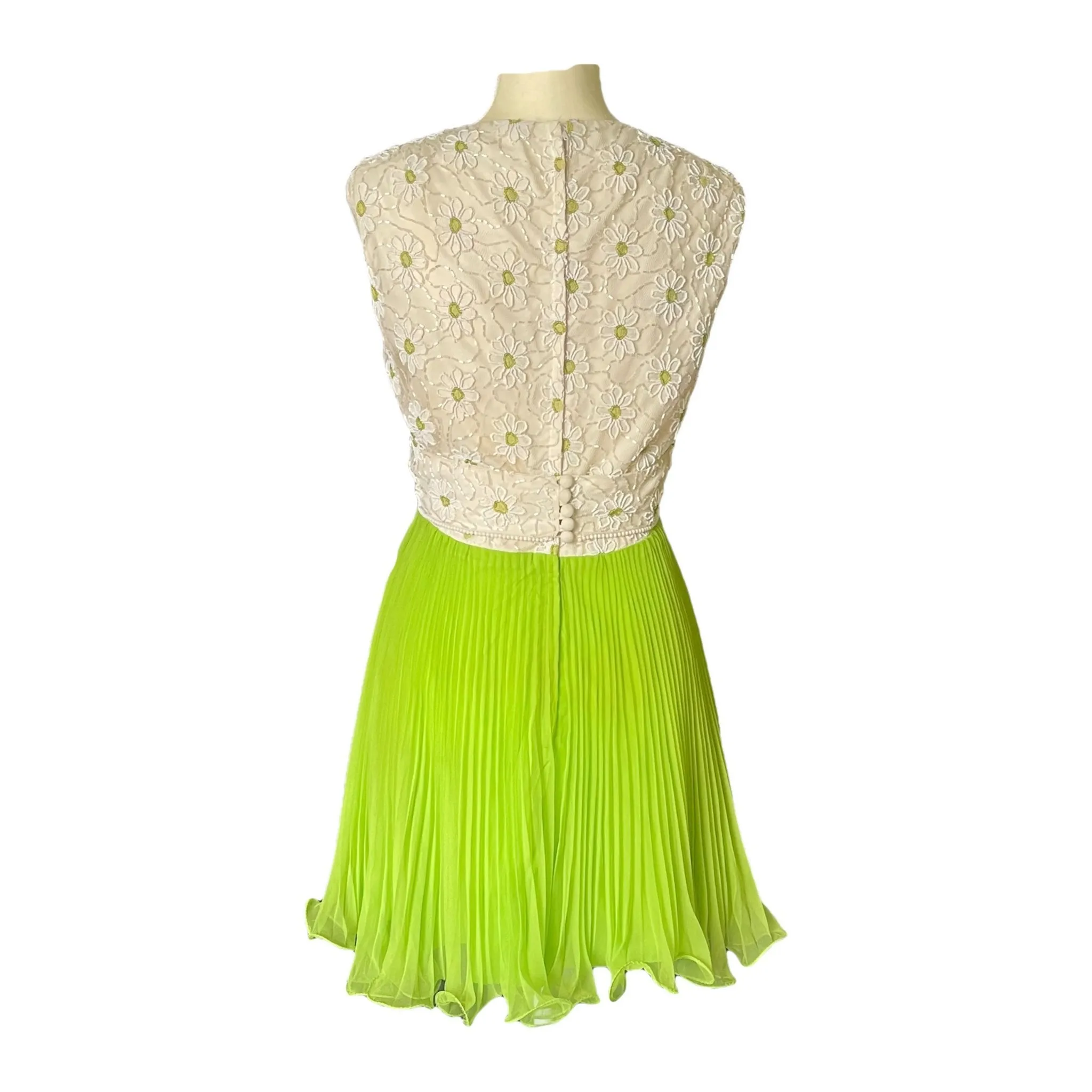 Vintage Elegant Green Chiffon Dress by Miss Elliette. Daisy Flower Beaded Bodice. Micro Pleated Skirt.