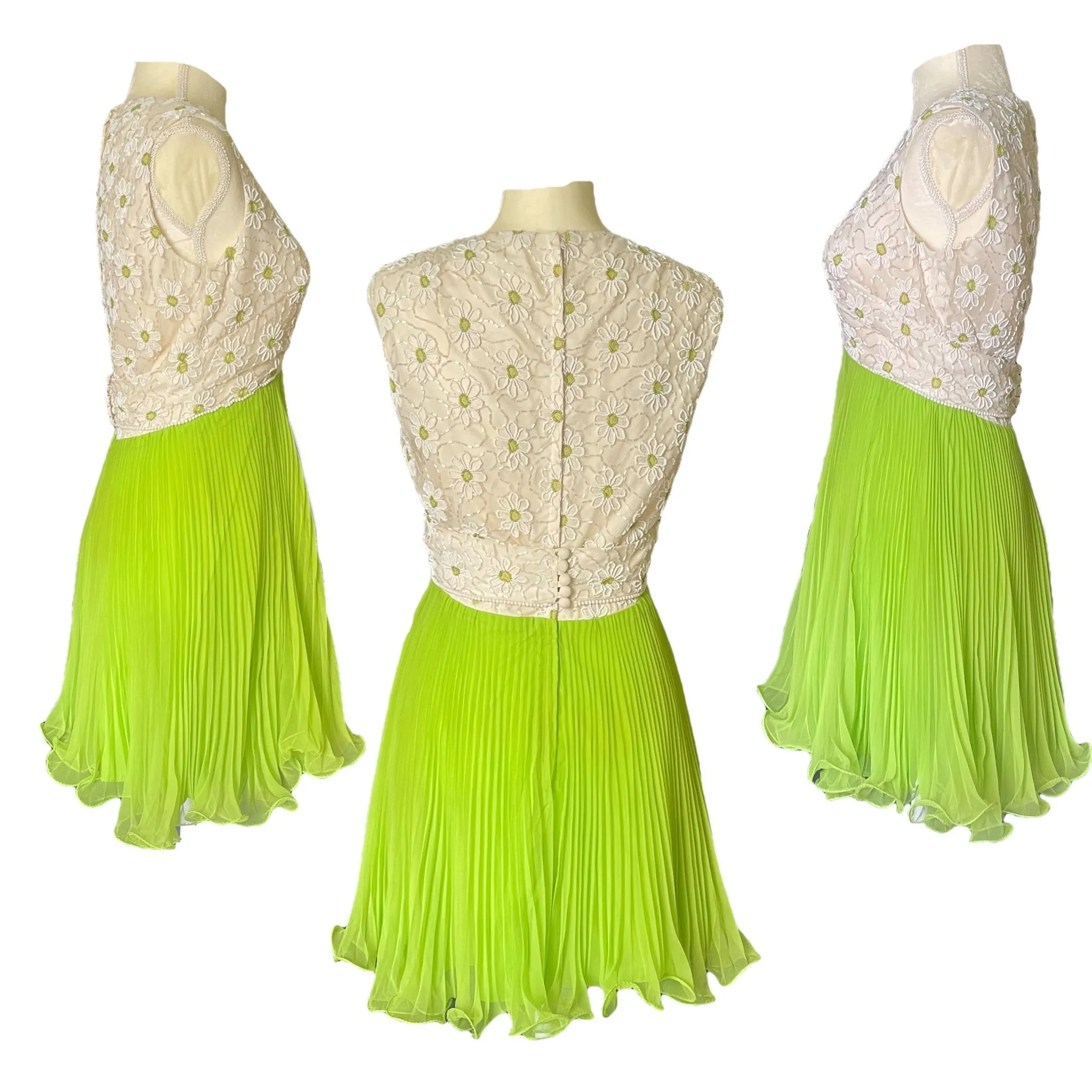 Vintage Elegant Green Chiffon Dress by Miss Elliette. Daisy Flower Beaded Bodice. Micro Pleated Skirt.