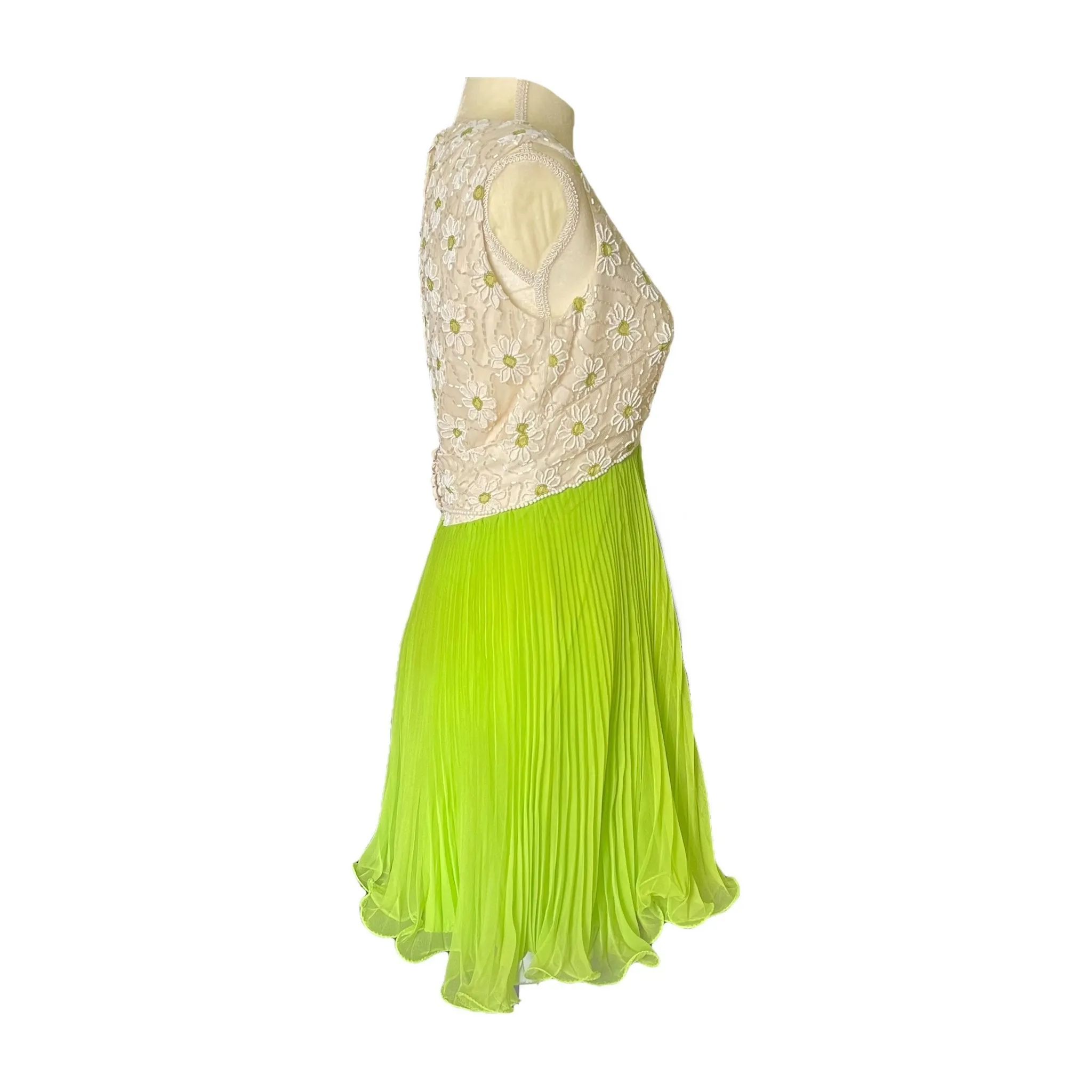 Vintage Elegant Green Chiffon Dress by Miss Elliette. Daisy Flower Beaded Bodice. Micro Pleated Skirt.