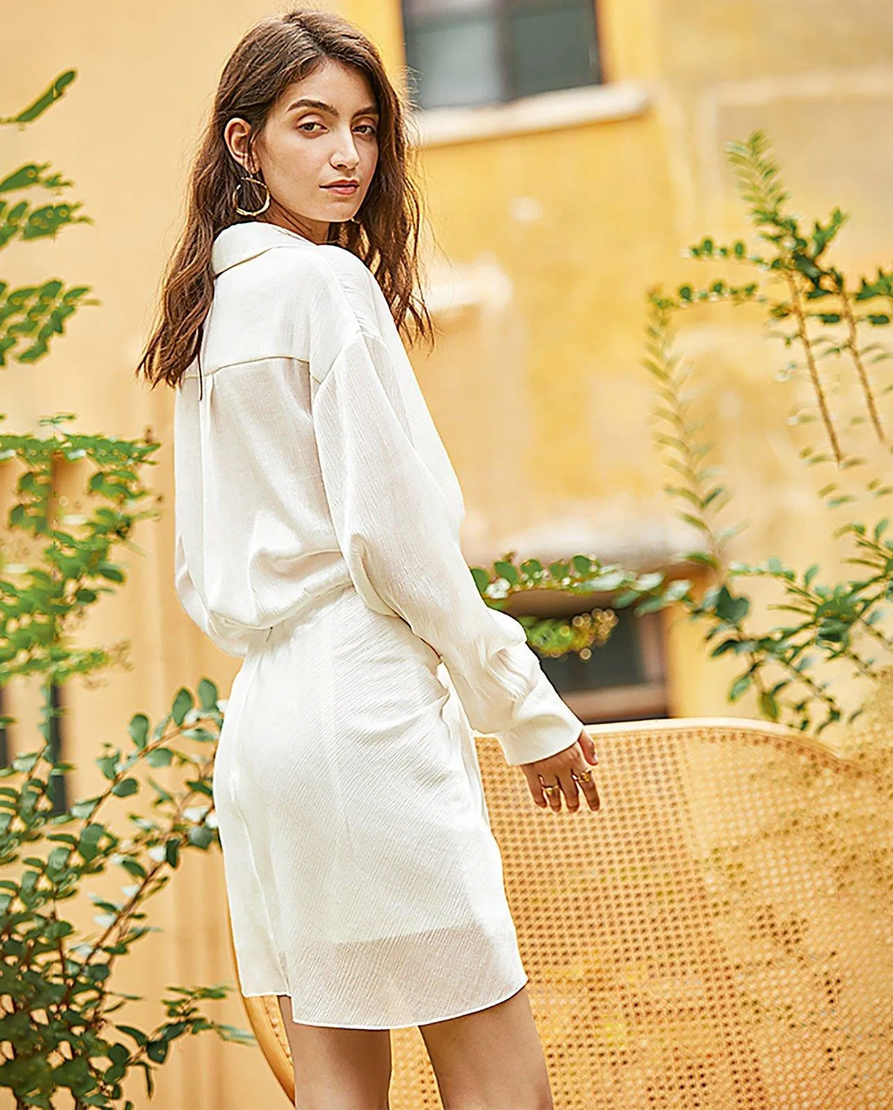 White Long Sleeve Waist Sash Shining Cocktail Shirt Dress