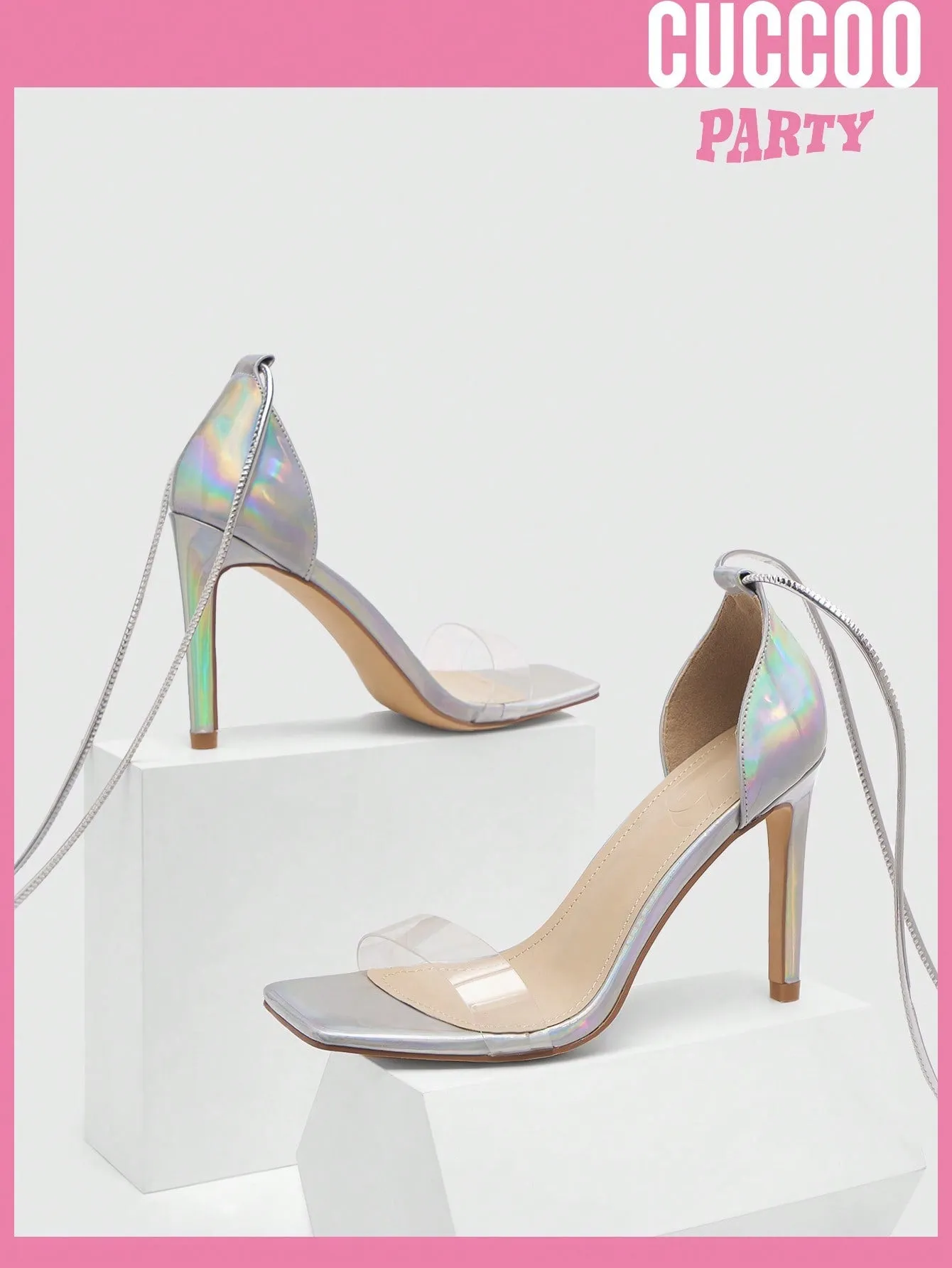 Woman Shoes Fashionable High Heel Iridescent Ribbon Strappy Sandals For Spring And Summer