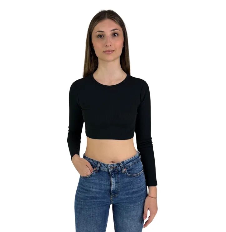 XT Studio short ribbed sweater with wide neckline for women. Black colour