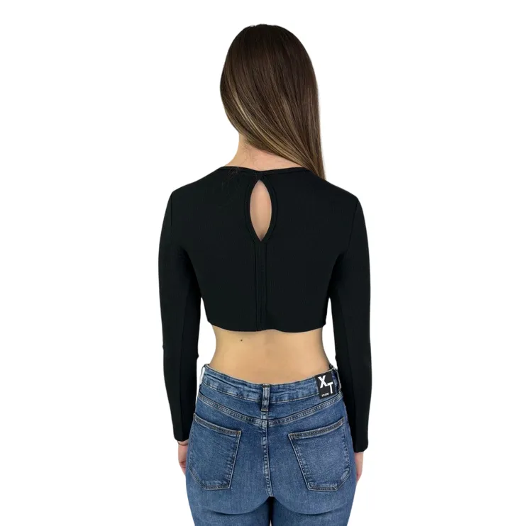 XT Studio short ribbed sweater with wide neckline for women. Black colour